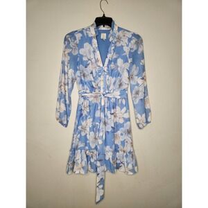 Joie Long Sleeve Light Blue White Floral Dress Womens XS V Neck Tie Waist
